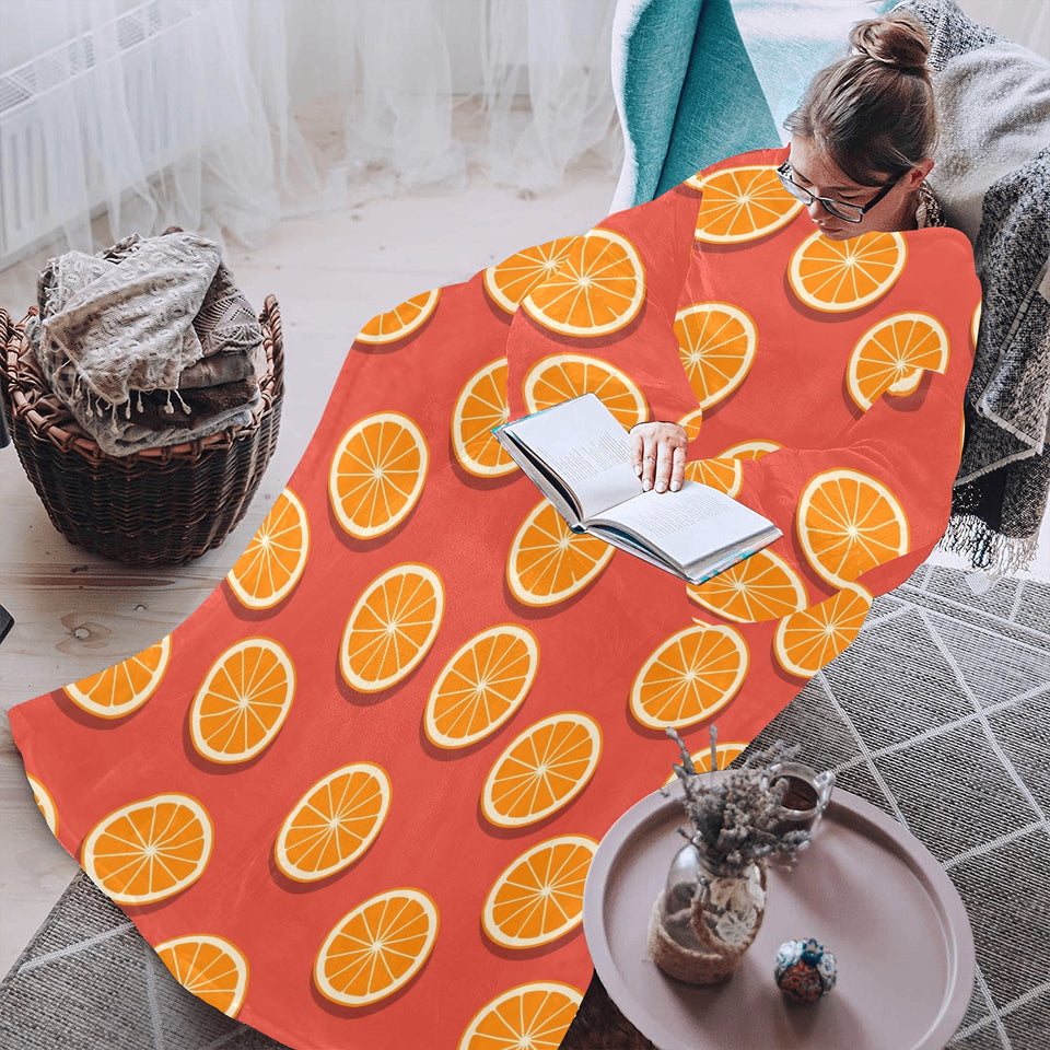 Oranges pattern red background Blanket Robe with Sleeves