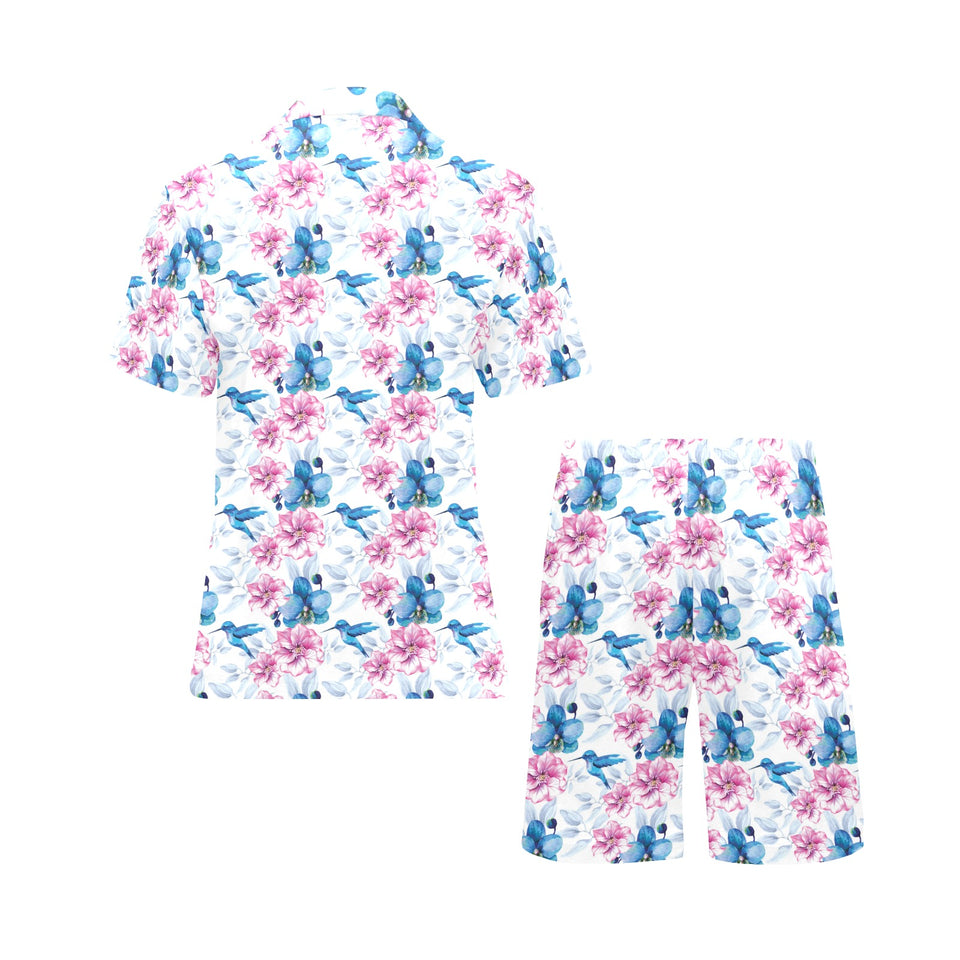 Hummingbird Pattern Print Design 02 Men's V-Neck Short Pajama Set