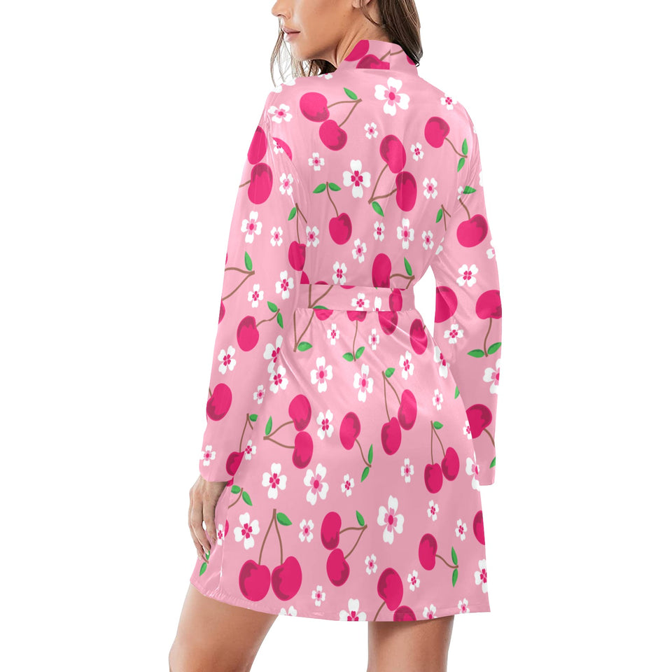 cherry flower pattern pink background Women's Long Sleeve Belted Night Robe