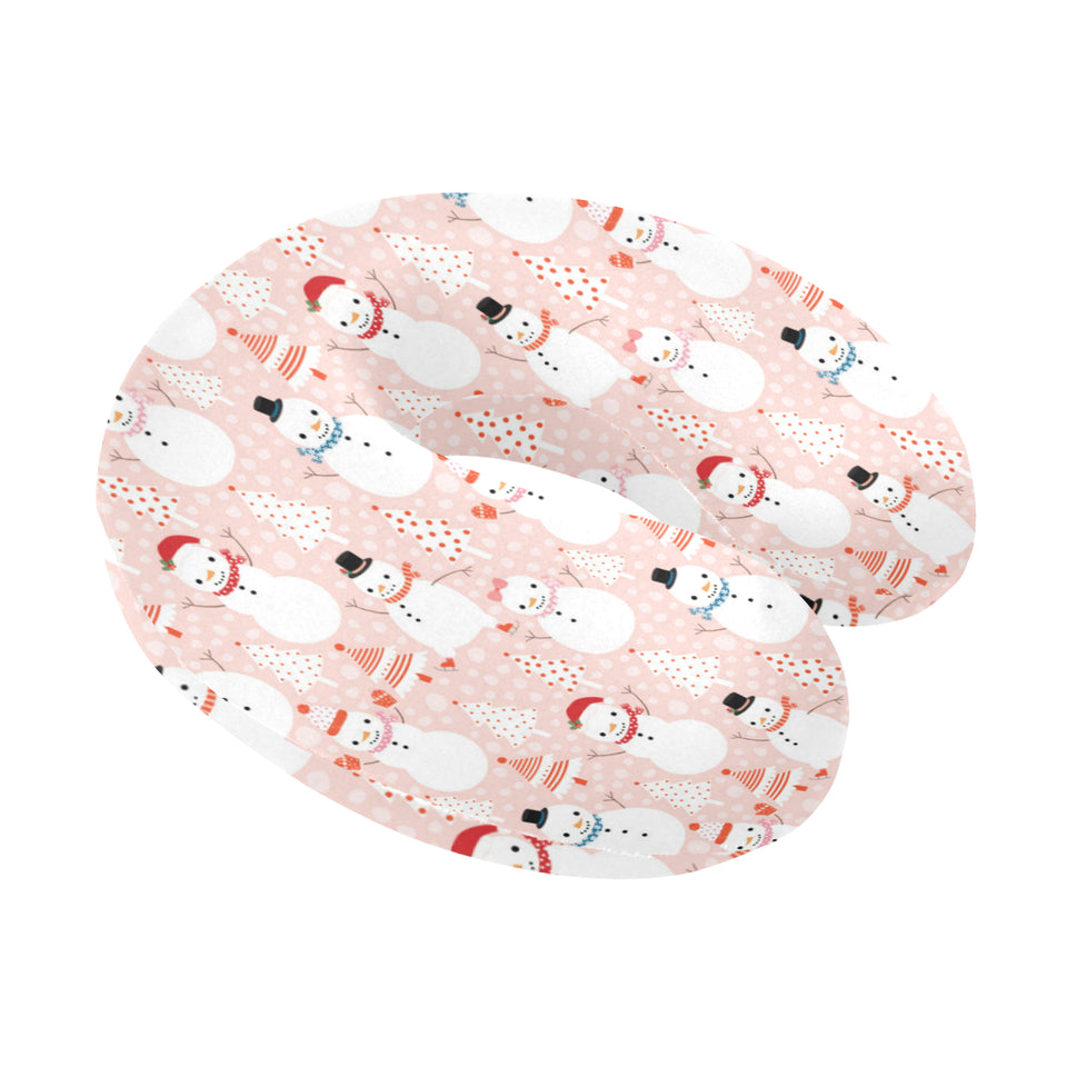 Cute snowman christmas tree snowpink background U-Shaped Travel Neck Pillow