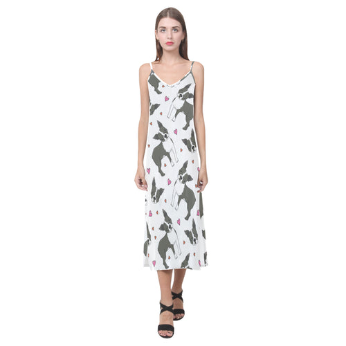 Boston terrier dog hearts vector pattern V-Neck Open Fork Long Dress