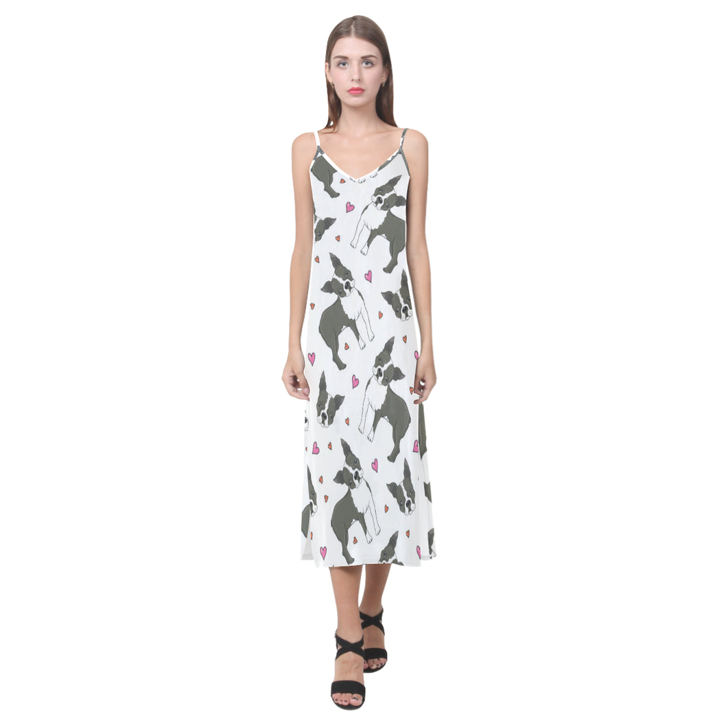 Boston terrier dog hearts vector pattern V-Neck Open Fork Long Dress