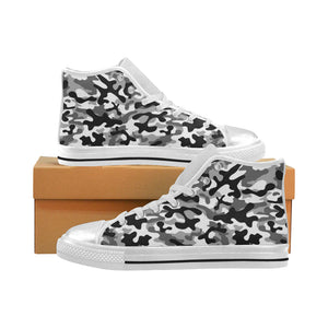 Black white camouflage pattern Women's High Top Canvas Shoes White