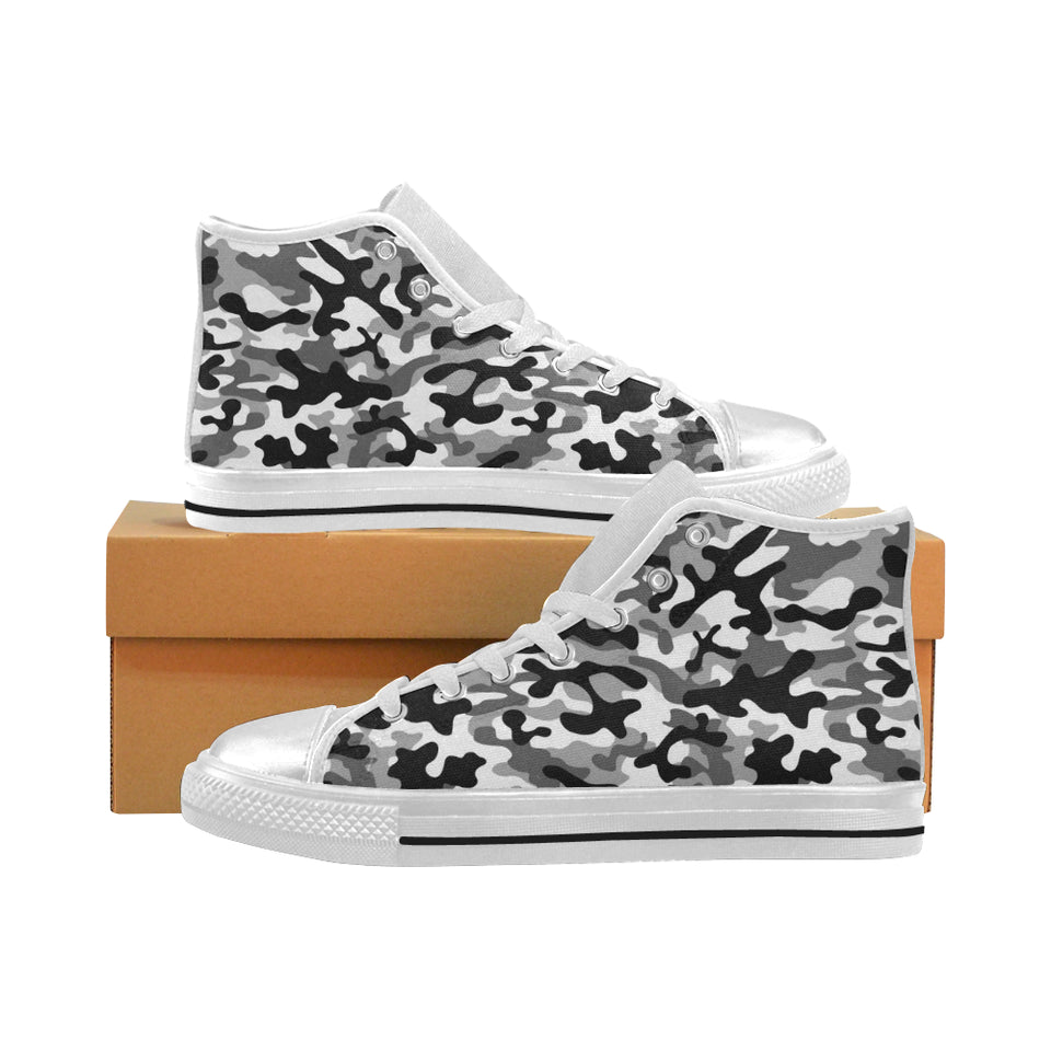 Black white camouflage pattern Women's High Top Canvas Shoes White