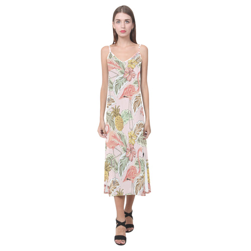 Pink flamingo birds pineapples hibiscus flower pat V-Neck Open Fork Long Dress