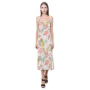 Pink flamingo birds pineapples hibiscus flower pat V-Neck Open Fork Long Dress
