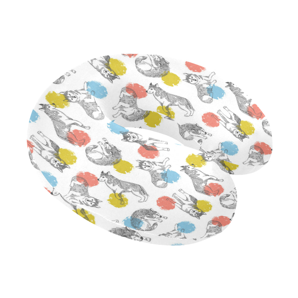 Siberian husky and colorful circle pattern U-Shaped Travel Neck Pillow