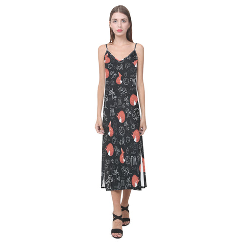 fox sleeping fox pattern V-Neck Open Fork Long Dress