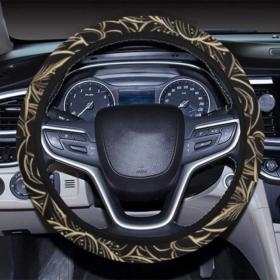 luxurious gold lotus waterlily black background Car Steering Wheel Cover