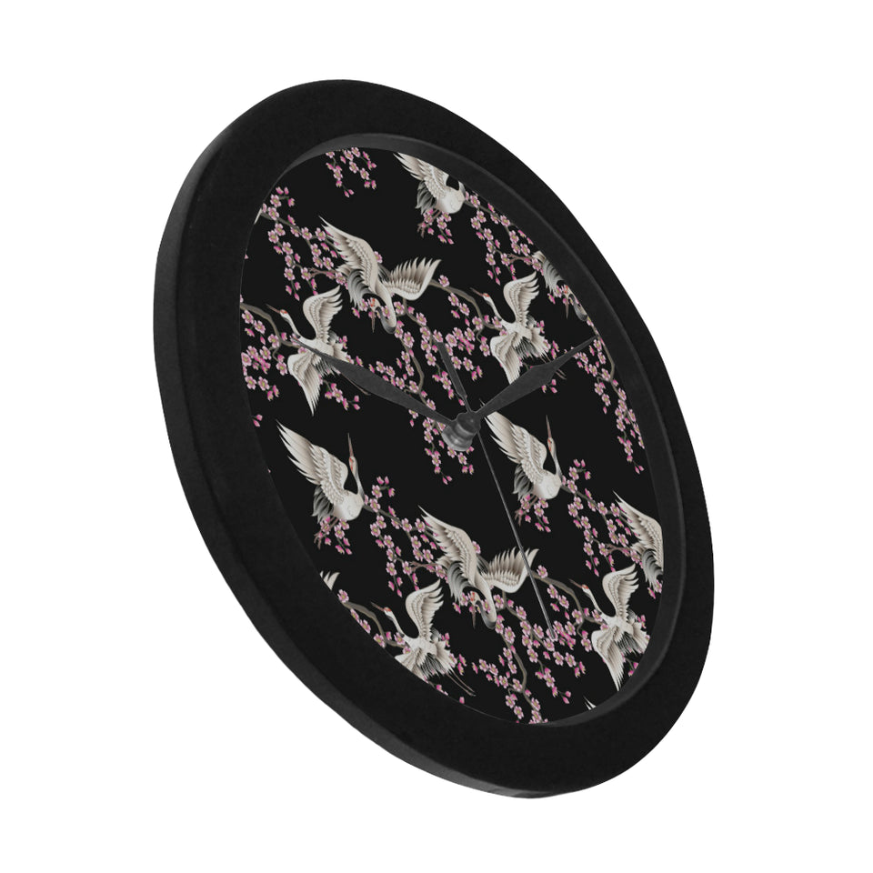 Japanese crane pink sakura pattern Elegant Black Wall Clock