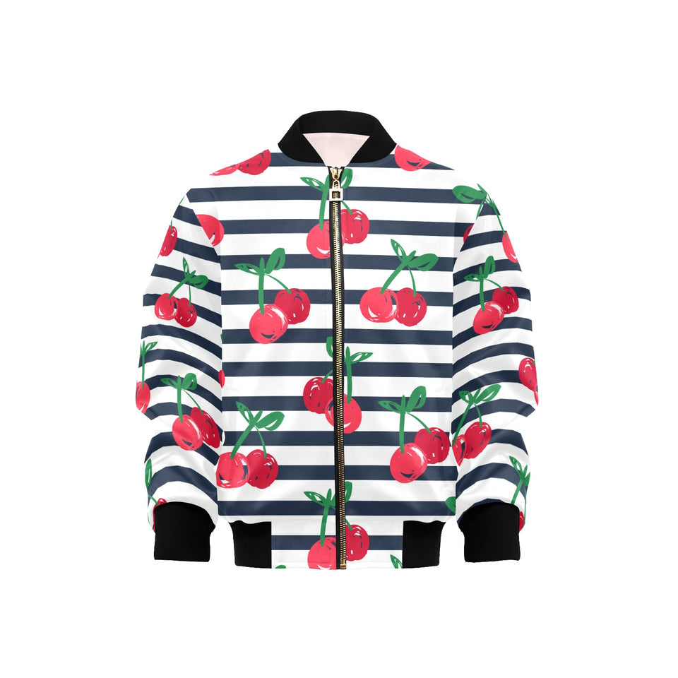 Hand drawn cherry pattern striped background Kids' Boys' Girls' Bomber Jacket