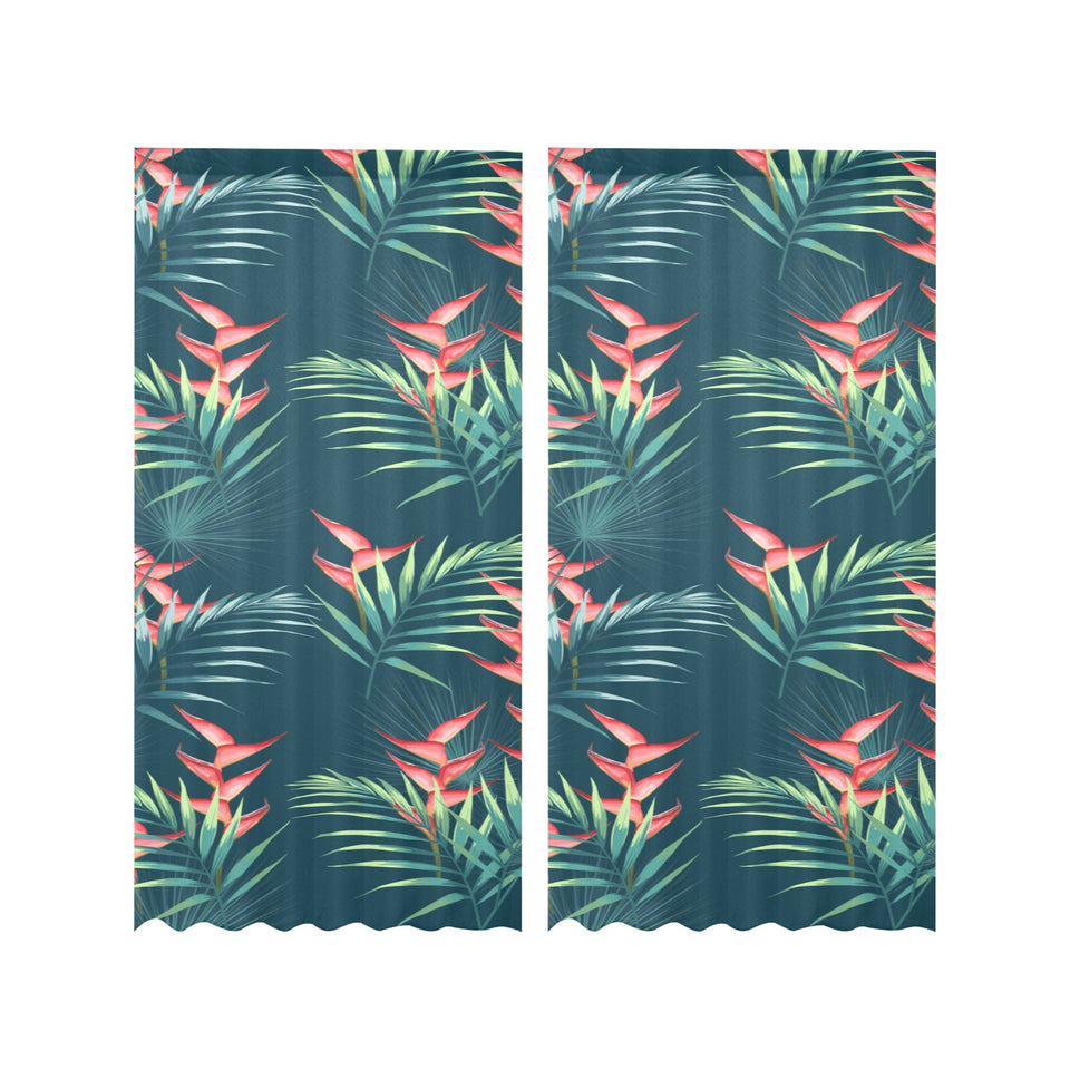 heliconia flowers, palm and monstera leaves on bla Gauze Curtain