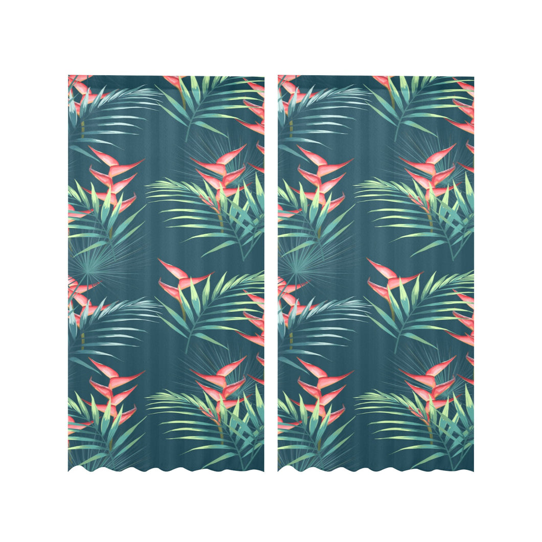 heliconia flowers, palm and monstera leaves on bla Gauze Curtain