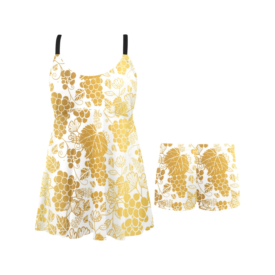 Gold grape pattern Chest Sexy Pleated Two Piece Swim Dress
