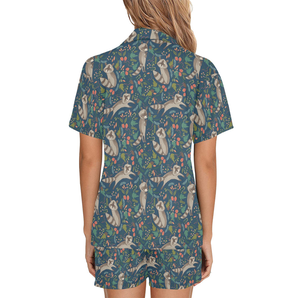 Raccoon tropical leaves pattern Women's V-Neck Short Pajama Set