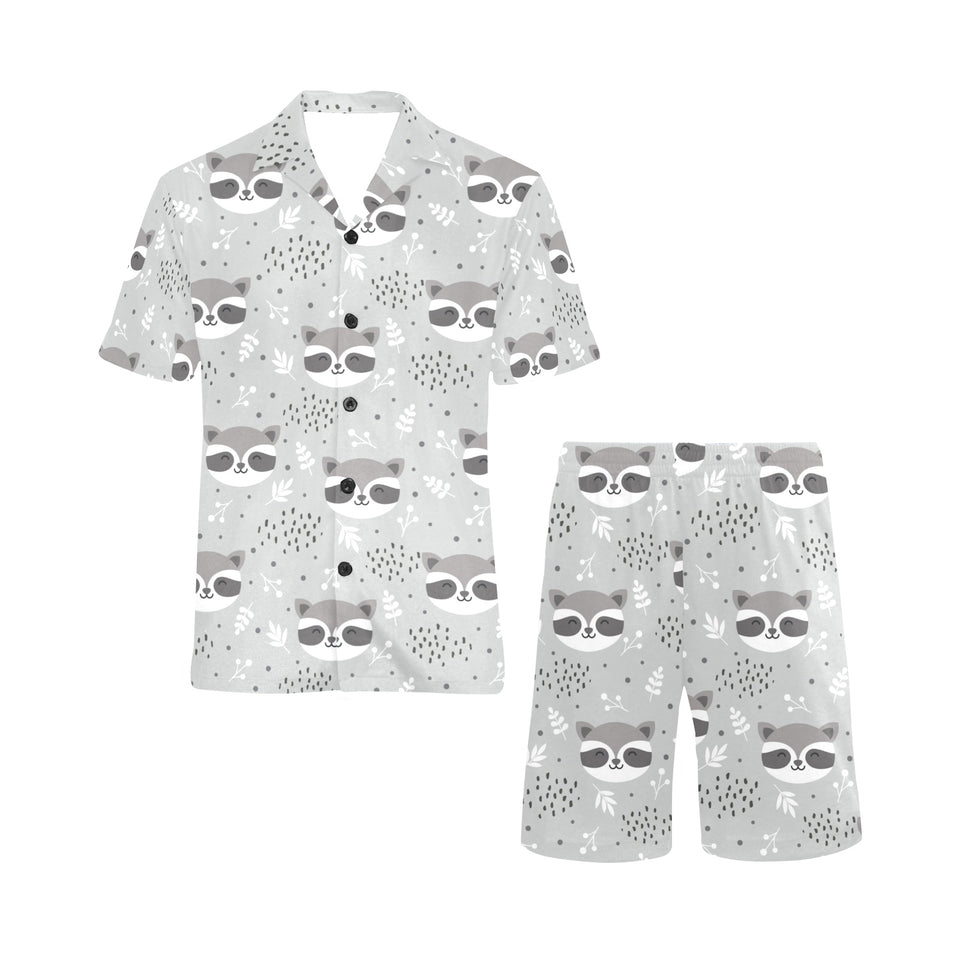 Cute raccoons leaves dot Men's V-Neck Short Pajama Set