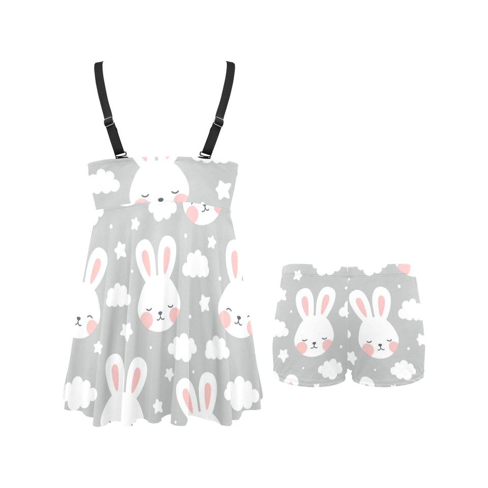 Rabbit cloud Pattern Chest Sexy Pleated Two Piece Swim Dress