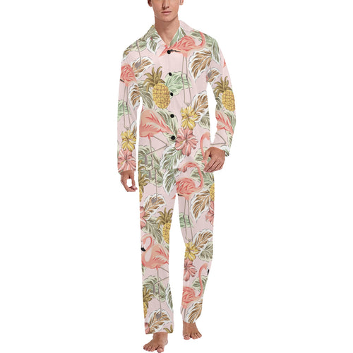 Pink flamingo birds pineapples hibiscus flower pat Men's Long Pajama Set