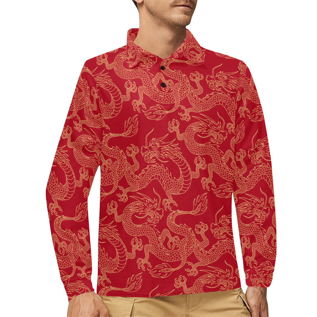 Gold dragons red background Men's Long Sleeve Polo Shirt
