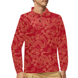 Gold dragons red background Men's Long Sleeve Polo Shirt