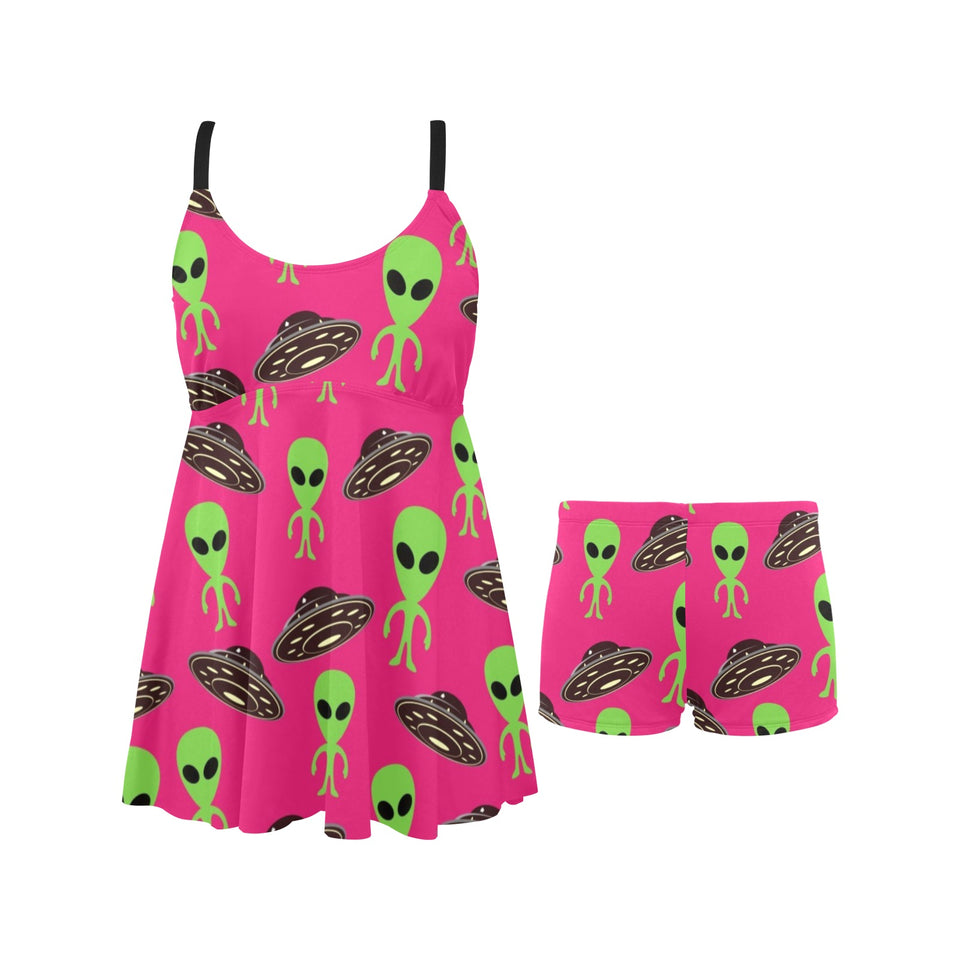 Alien Pattern Print Design 03 Chest Sexy Pleated Two Piece Swim Dress