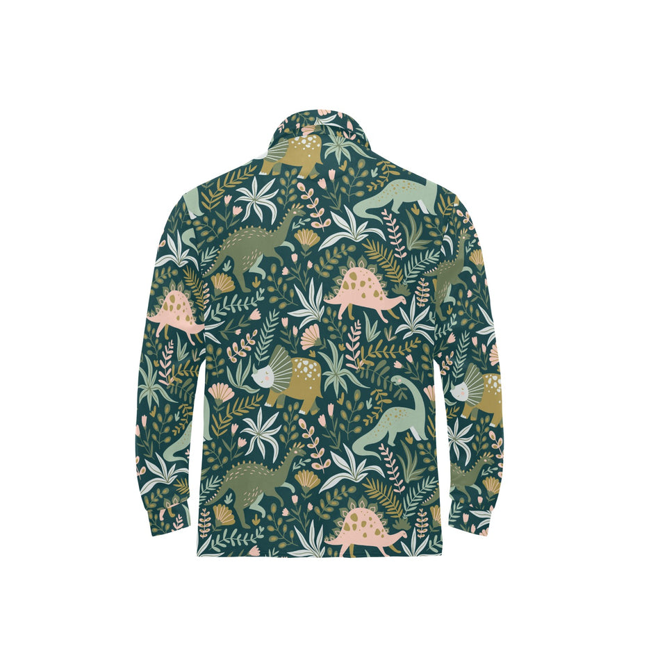 dinosaurs tropical leaves flower pattern Men's Long Sleeve Polo Shirt
