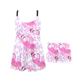 Pink flamingo flower pattern Chest Sexy Pleated Two Piece Swim Dress