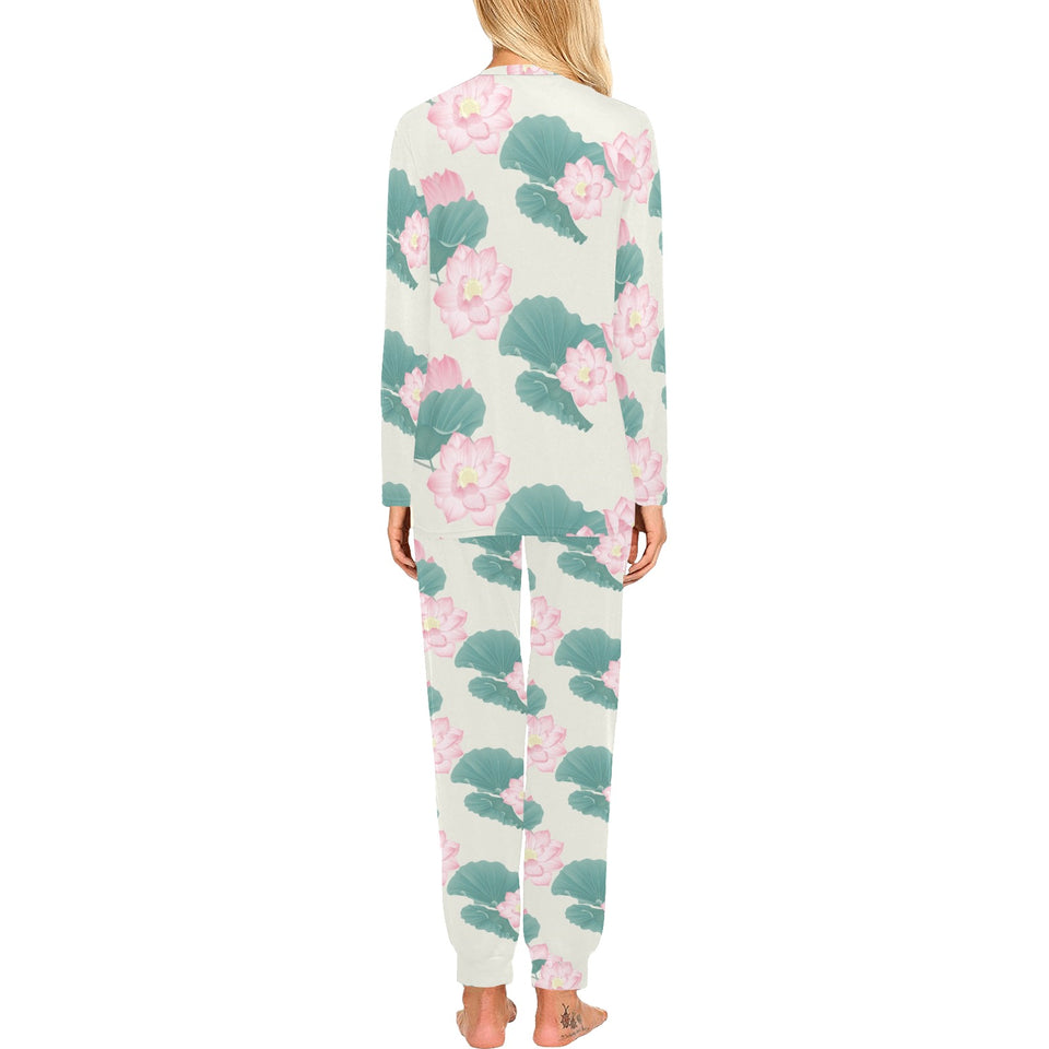 Pink lotus waterlily leaves pattern Women's All Over Print Pajama Set
