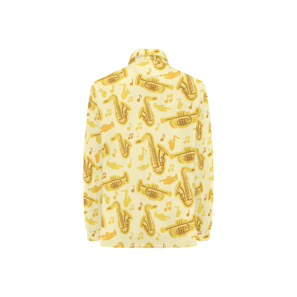 Saxophone cornet pattern yellow background Women's Long Sleeve Polo Shirt