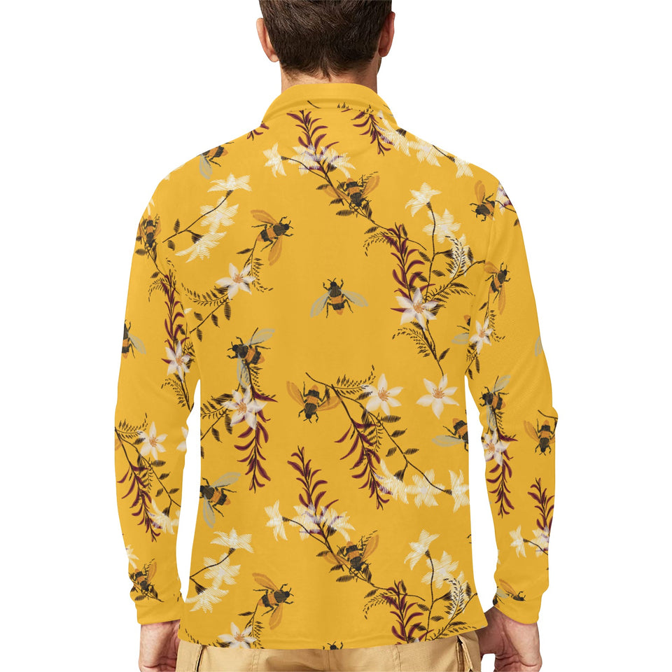 Bee flower pattern Men's Long Sleeve Polo Shirt