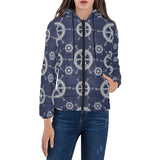 nautical steering wheel design pattern Women's Padded Hooded Jacket
