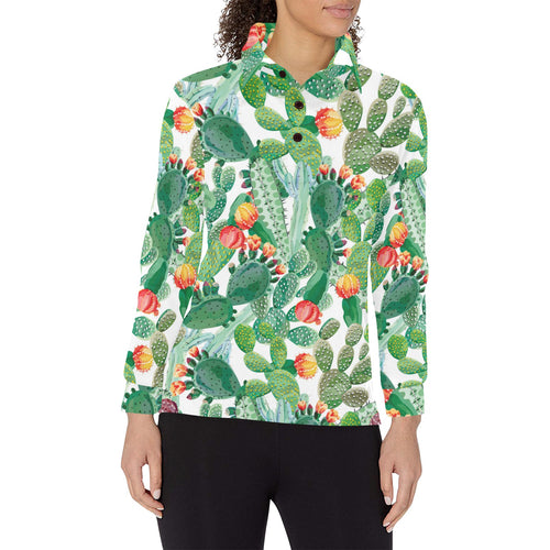 Cactus design pattern copy Women's Long Sleeve Polo Shirt
