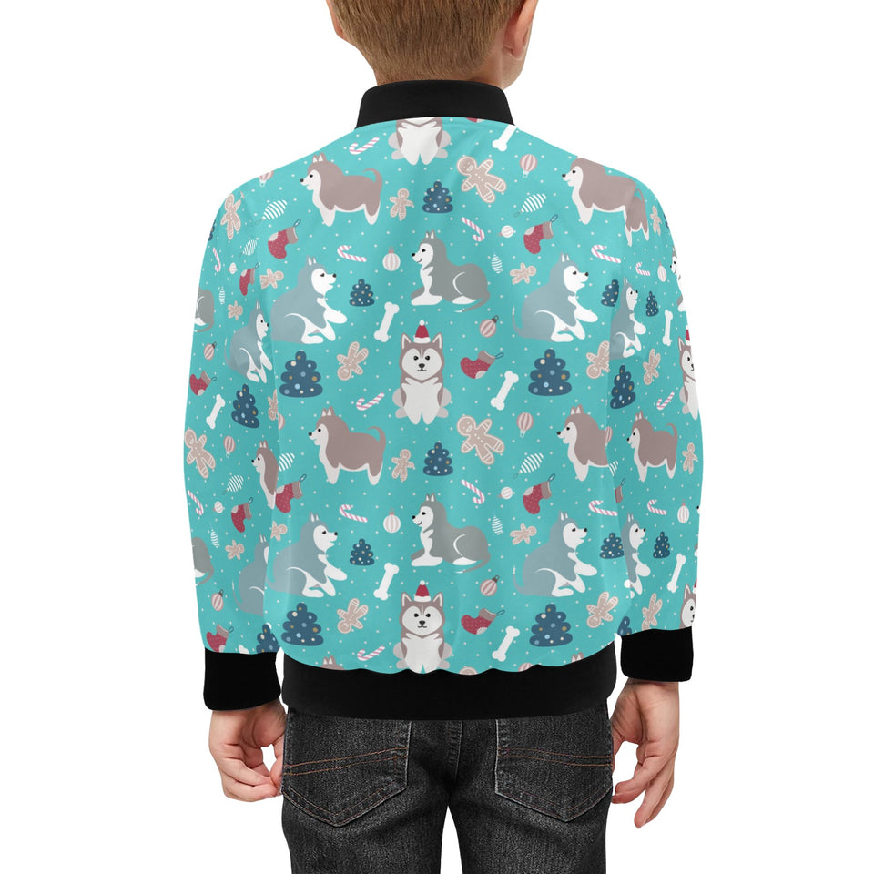 Christmas cute siberian husky puppie pattern Kids' Boys' Girls' Bomber Jacket