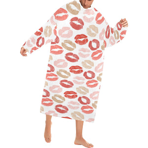 Lips Pattern Print Design 04 Blanket Robe with Sleeves