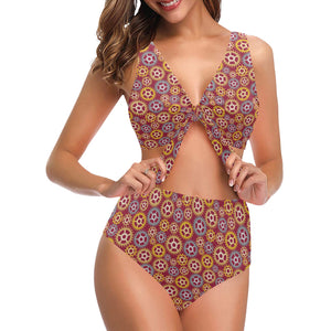 Gear Pattern Print Design 04 Chest Bowknot High Waisted Bikini Swimsuit