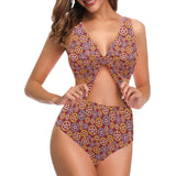 Gear Pattern Print Design 04 Chest Bowknot High Waisted Bikini Swimsuit