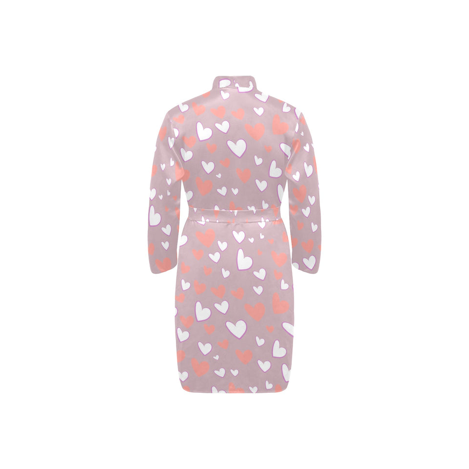 coral white heart pattern Men's Long Sleeve Belted Night Robe