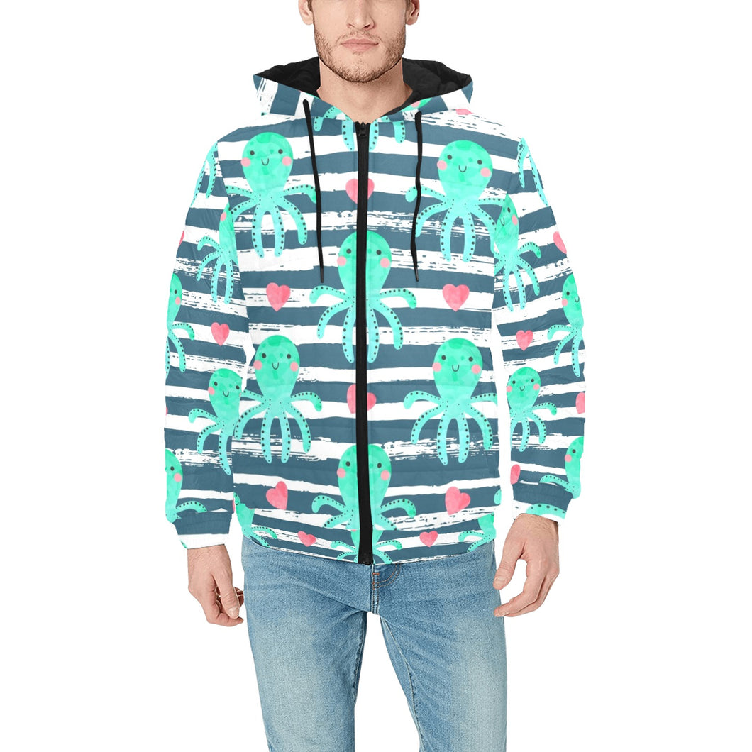 Cute octopuses heart striped background Men's Padded Hooded Jacket