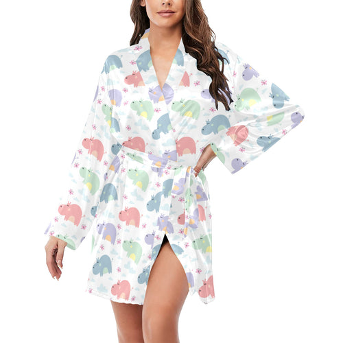 Hippopotamus Pattern Print Design 03 Women's Long Sleeve Belted Night Robe