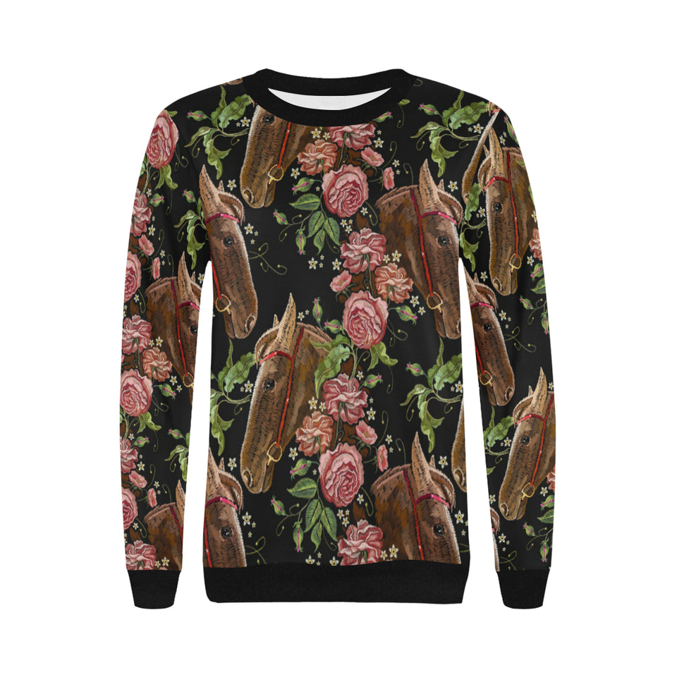 Horse head wild roses pattern Women's Crew Neck Sweatshirt