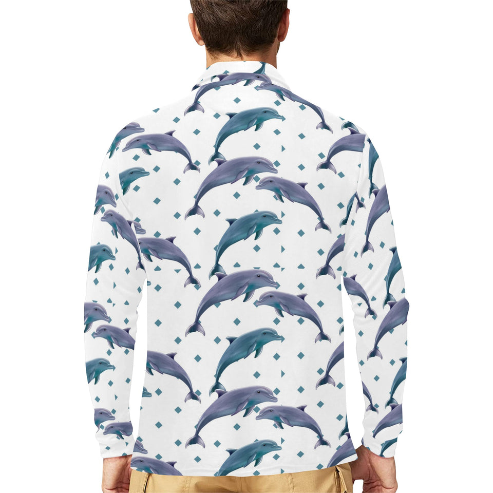 Dolphins pattern dotted background Men's Long Sleeve Polo Shirt