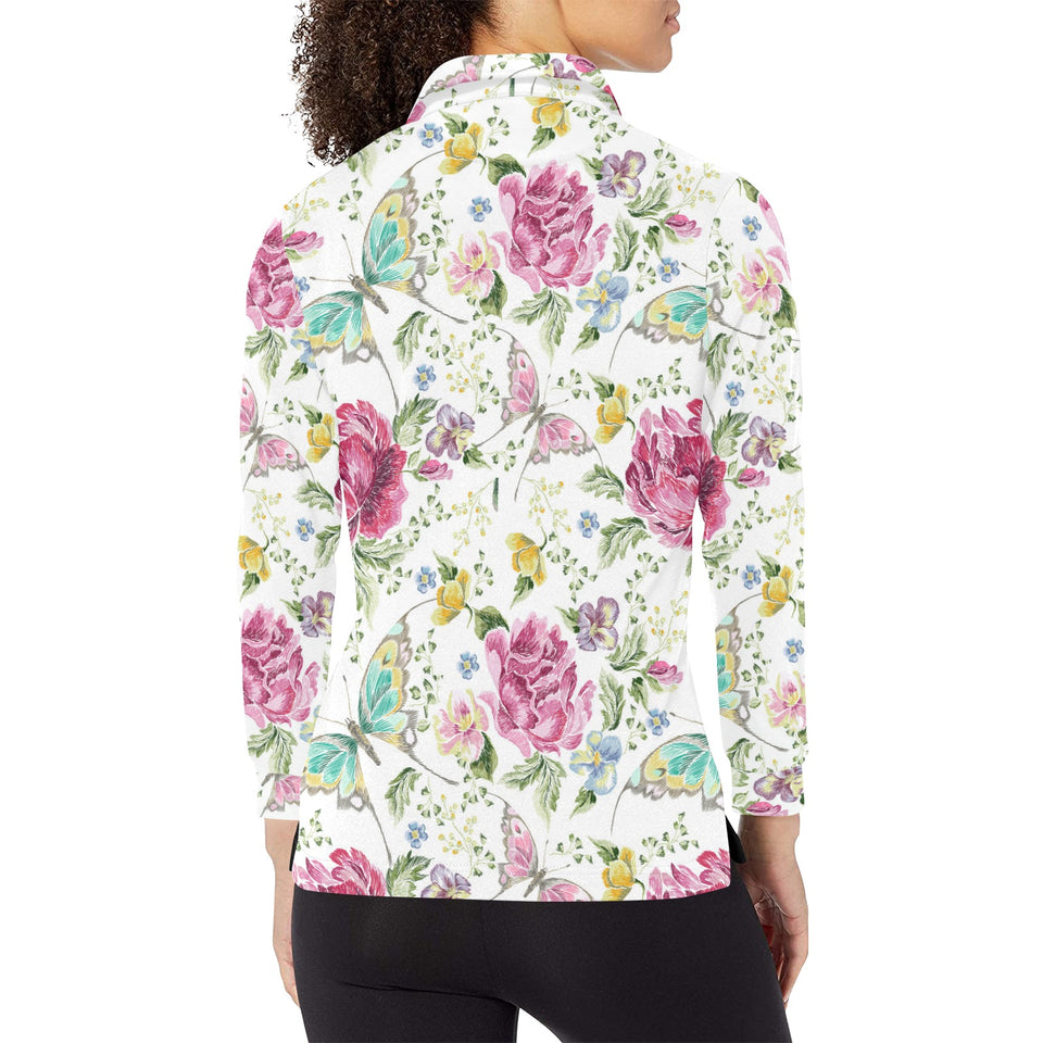 Hand drawn butterfly rose Women's Long Sleeve Polo Shirt