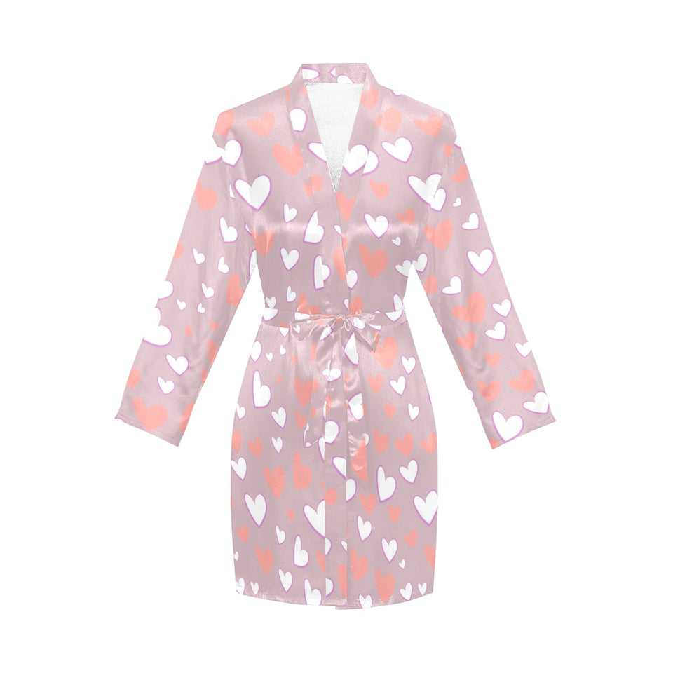 coral white heart pattern Women's Long Sleeve Belted Night Robe
