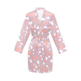 coral white heart pattern Women's Long Sleeve Belted Night Robe