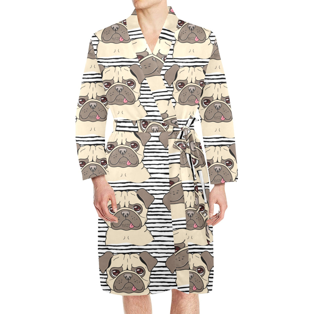 Happy pug pattern Men's Long Sleeve Belted Night Robe