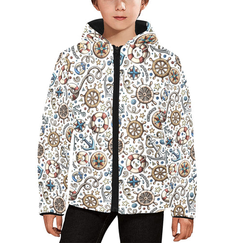 Cute nautical steering wheel anchor pattern Kids' Boys' Girls' Padded Hooded Jacket