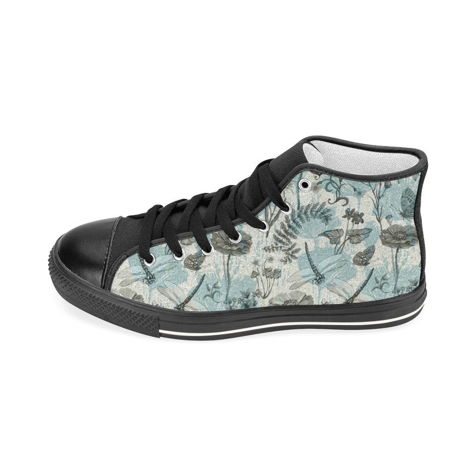Dragonfly Butterfly Plants insect flower vintage s Women's High Top Canvas Shoes Black