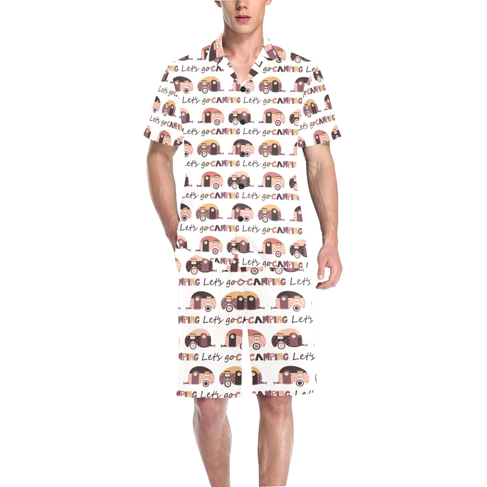 Camper Van Pattern Print Design 01 Men's V-Neck Short Pajama Set