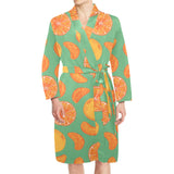 orange fruit pattern green background Men's Long Sleeve Belted Night Robe