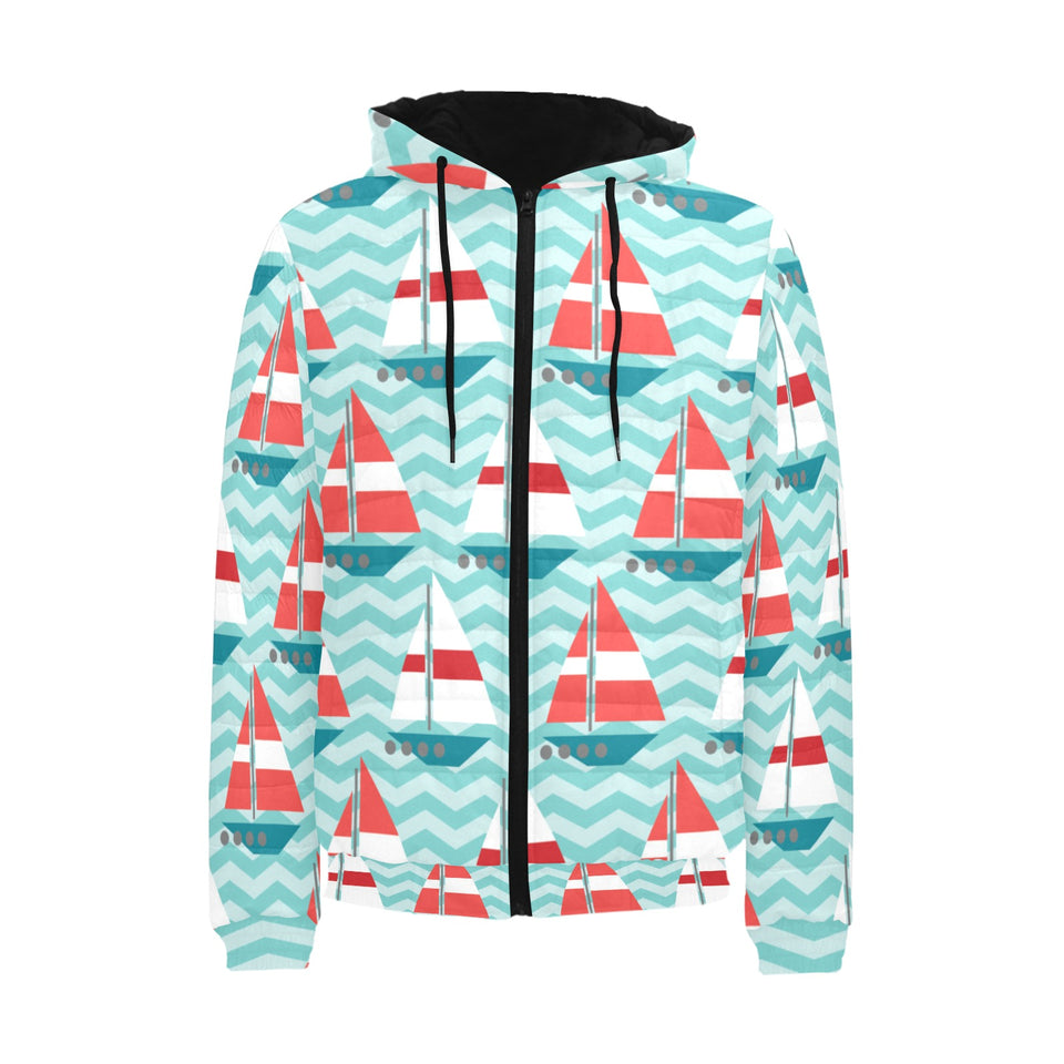 Red White sailboat wave background Men's Padded Hooded Jacket